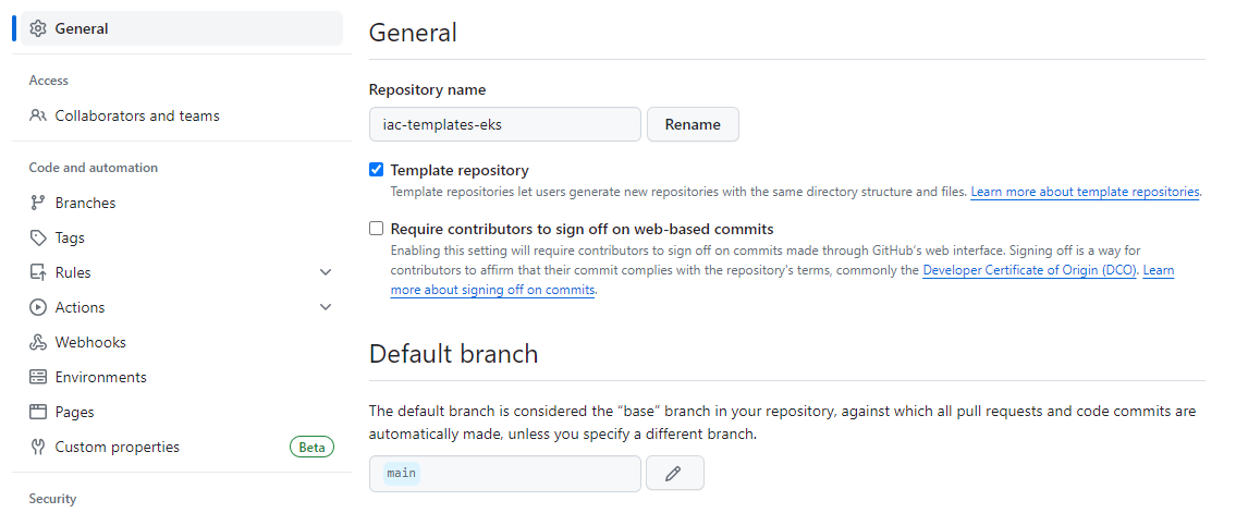 Screenshot of GitHub Repo Configuration for Template Repository